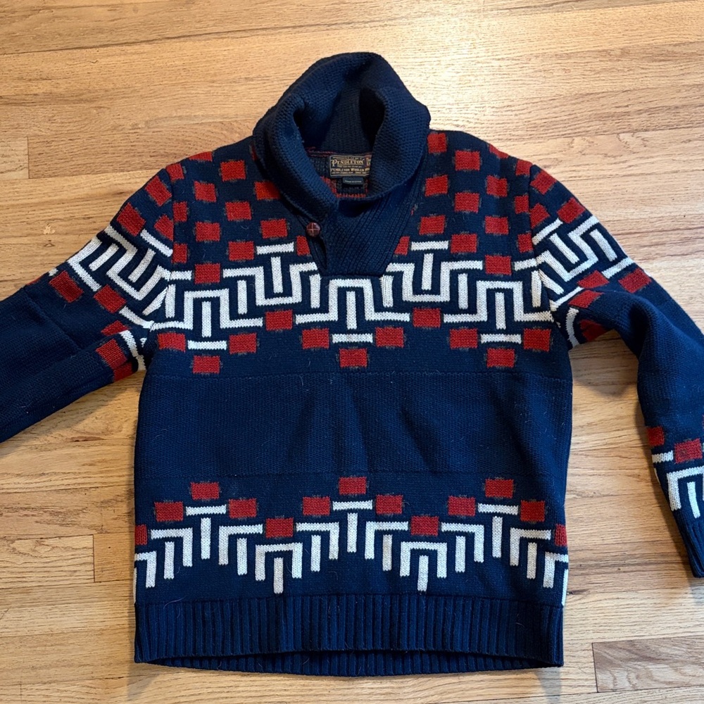 Pendleton Navy and Red Geometric shawl neck Sweater Size M
